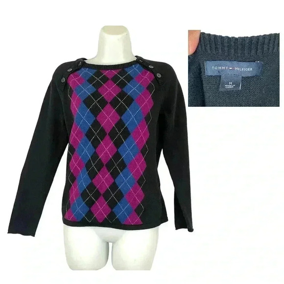 VTG Tommy Hilfiger Knitted Argyle Crewneck Sweater MEDIUM Side Button 90's Y2K - Picture 7 of 13